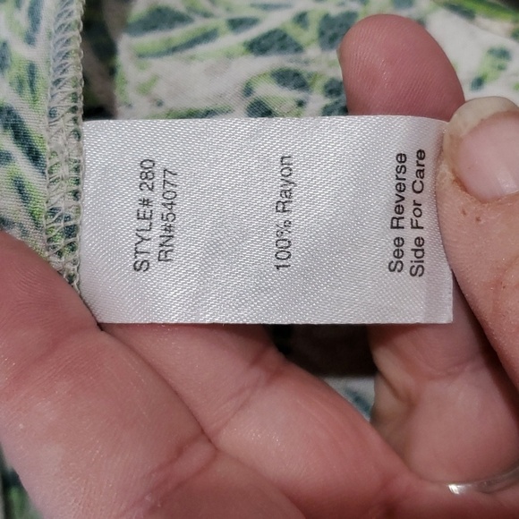 Cabi 3/4 sleeve faux wrap green tan leaf pattern mini dress - Picture 8 of 8